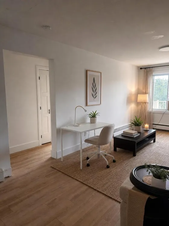 Salon avec coin bureau dans un logement de Mercier-Ouest, à Montréal